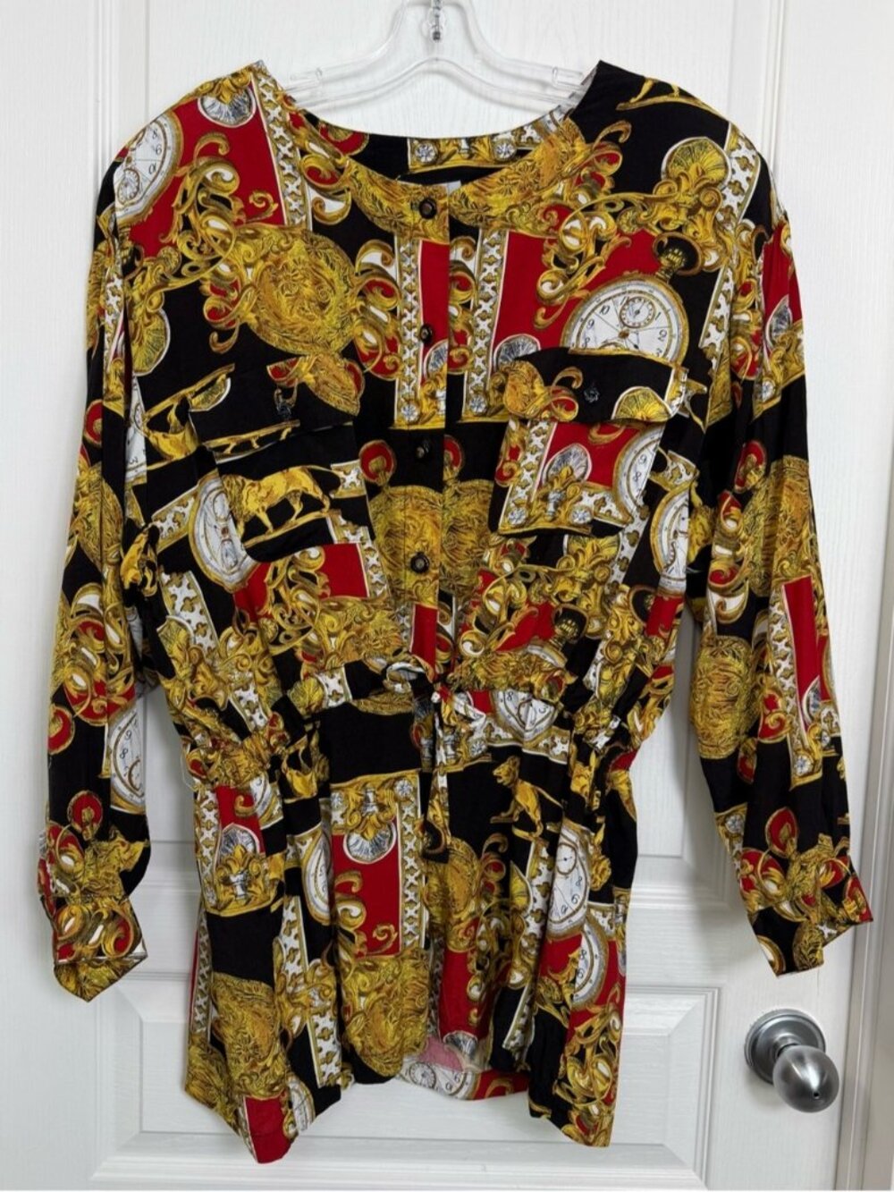 Vintage 80s Ornate Brocade Bold Statement Blouse Size Large XL Black Red